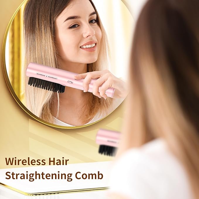 Cordless Hair Straightener Brush, Mini Brush Straightener for Travel,Portable Straightening Brush for Women,Hot Comb Styling Tools & Appliances, Pink
