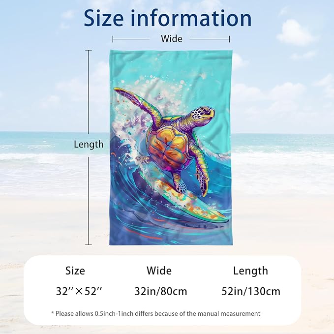 WZOMT Microfiber Turtle Beach Towel Oversized, Funny Sea Turtle Surfing Blue - Image 3