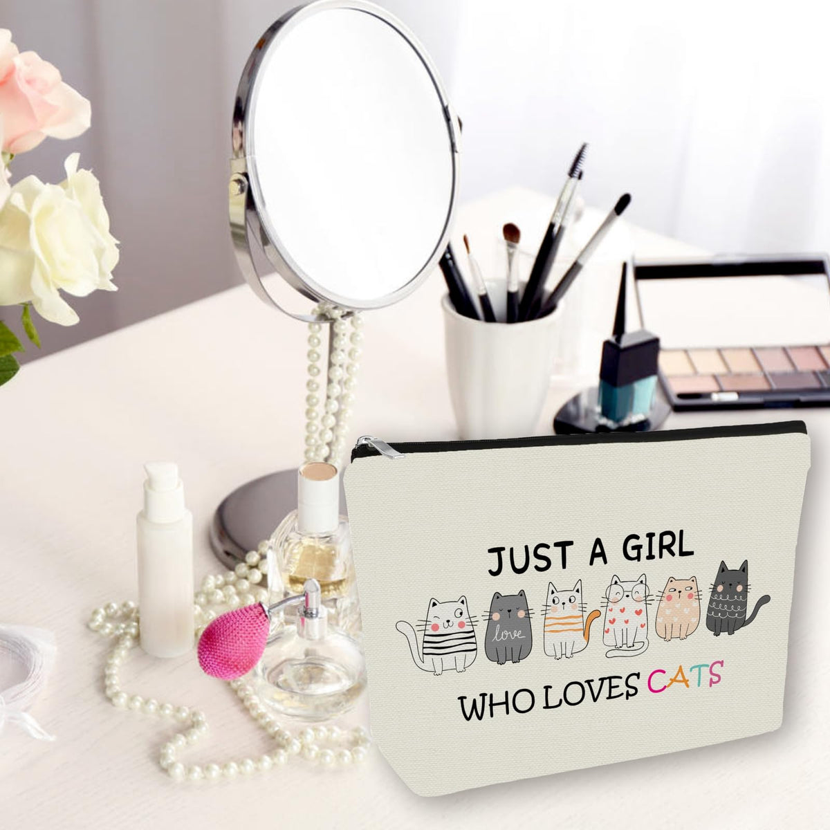 Cat Mom Makeup Bag For Women & Teen Girl Cat Lover Gifts (Girl Love Cats)