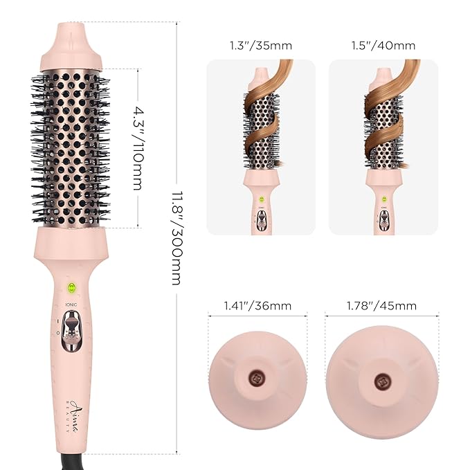 Aima Beauty Hair Curling Iron Brush, 1.5" 40mm Ceramic Hot Brush with Ion Technology for Root Volume and Quick Curls - Dual Voltage & 60Mins Auto-Off, Pink