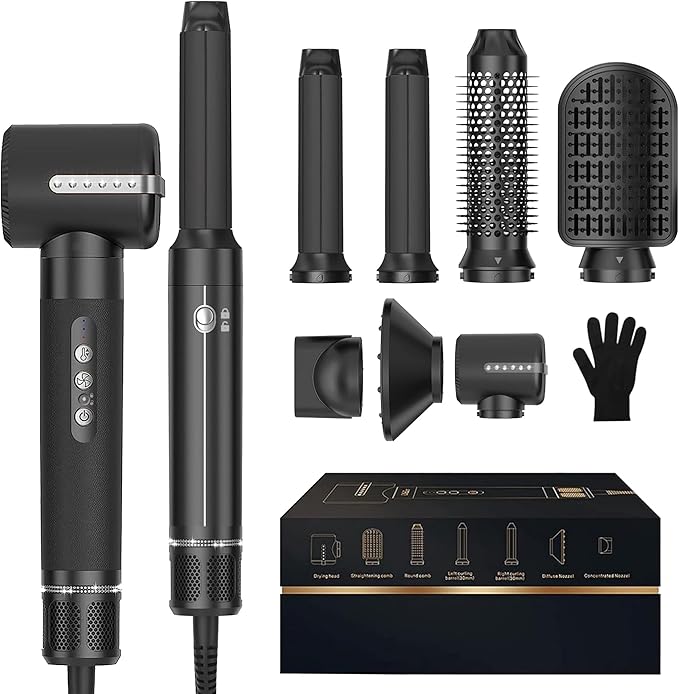 Blow Dryer Brush 7 in ONE，Autowrap Curling Wand, 110,000 RPM High-Speed Negative Ionic Hair Dryer with Diffuser Concentrator, Round Brush Blow Dryer Air Styler, Volumizing Hair Styling Tools