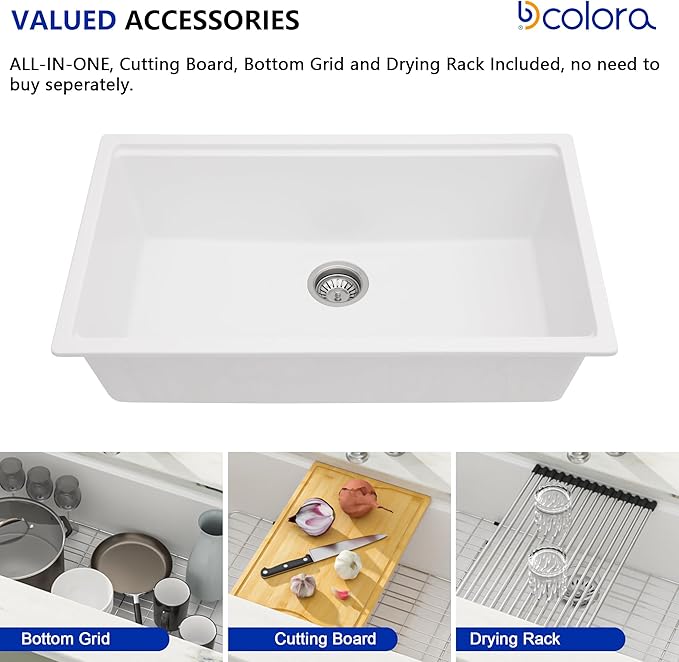 Dcolora 33 Inch White Granite Composite Kitchen Sink Workstation Undermount - Image 6