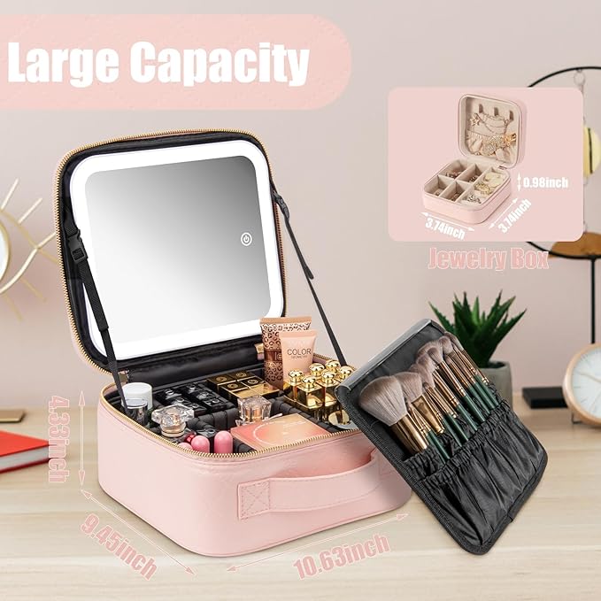 Makeup Travel Train Case with Mirror LED Light 3 Adjustable Brightness Cosmetic - Image 5