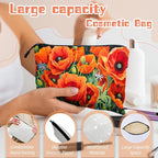 Cosmetic Bags Travel Makeup Toilet Case Waterproof Pouch for Women Girls 6.7X9.45inches - Vibrant Orange Poppies With Greenery