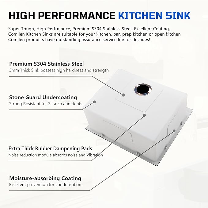 Comllen 25 x 22 Inch Drop In Black Kitchen Sink, Topmount 16 Gauge Stainless - Image 6