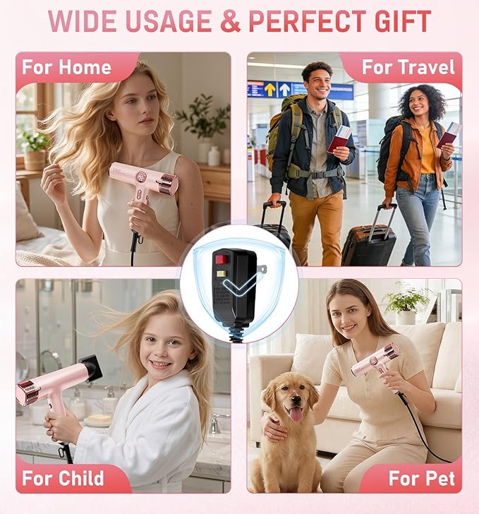 FMZ Professional Hair Blow Dryer with Smart Display, 1875W High Speed BLDC Motor for Fast Drying, Portable Mini Lightweight Quiet, Pink Curly Ionic Diffuser HairDryer for Women Girls Teen Salon Travel