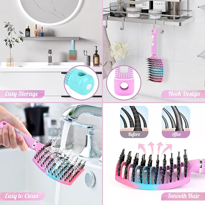 Boar Bristle Hair Brush Curved Vented Detangler Brush Faster Blow Drying, Paddle Detangling Brush for Women Men Kids Wet Dry Long Curly Thick Straight Hair, Make Hair Shiny and Healthier(Purple+Green)