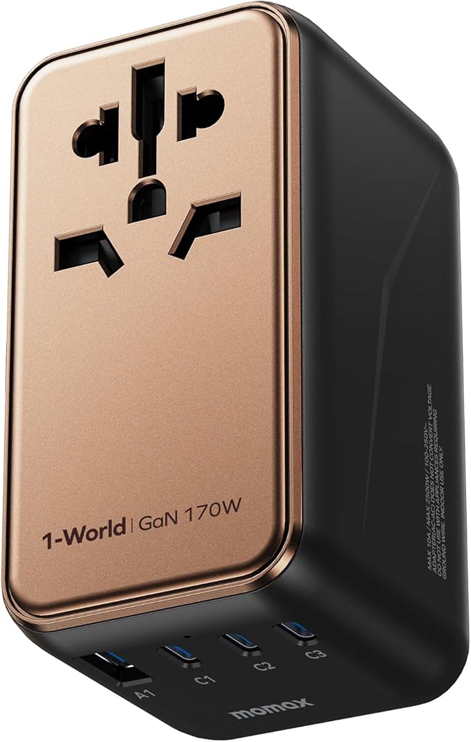 MOMAX Universal Travel Adapter, 170W GaN International Power Adapter, 2 USB-C 2 by MOMAX