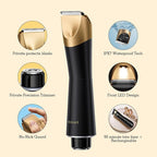 Bikini Trimmer for Women, 2 in 1 Electric Shaver for Women, Bikini RazorWaterproof IPX7 with LED, Pubic Hair Trimmer for Leg Arm Underarm Bikini Area, Pull Bows Gift Box for Friends(Black Gold)