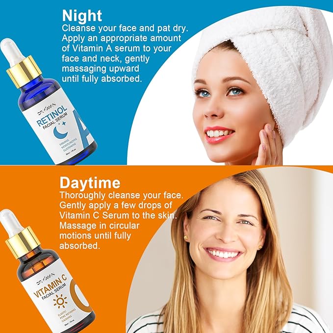 Vitamin C Serum with Hyaluronic Acid & Retinol Serum for Face - Day & Night Set to Brighten, Hydrate & Improve Skin Firmness for All Skin Types, Men & Women