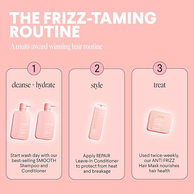 MONDAY HAIRCARE Smooth Shampoo + Conditioner Bathroom Set (2 Count) 12 oz Each For Frizzy, Coarse & Curly Hair Made with Coconut Oil, Shea Butter & Vitamin E 100% Recyclable Bottle Pink