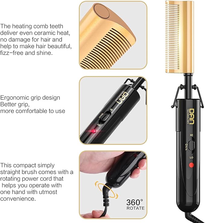 DAN Technology Curved Ceramic Hair Straightener and Heat Press Comb, 450°F Dual Voltage for Natural Black Hair, Portable for Travel & Home
