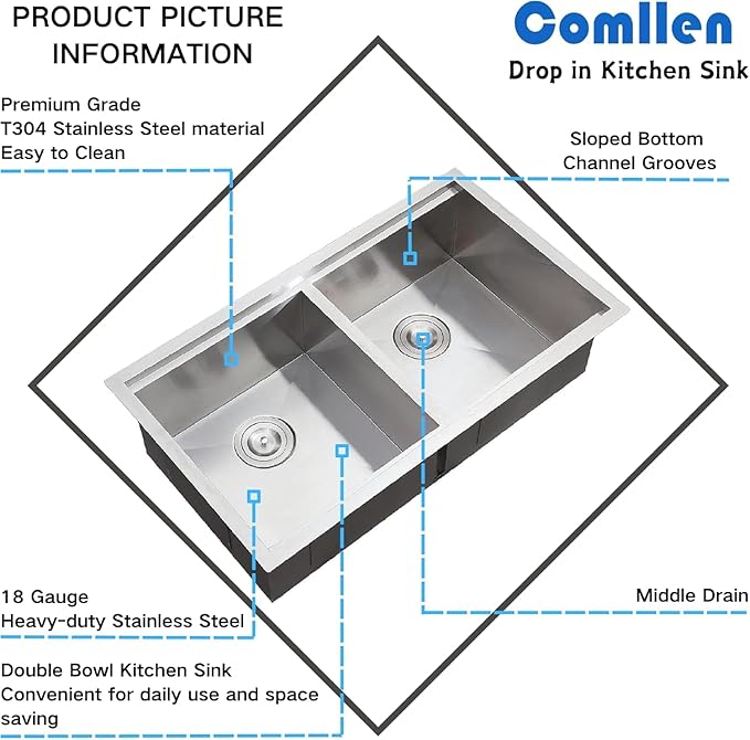 COMLLEN 33 Inch Double Bowl Undermount Kitchen Sink, 33x19 Inch Workstation 16 - Image 6