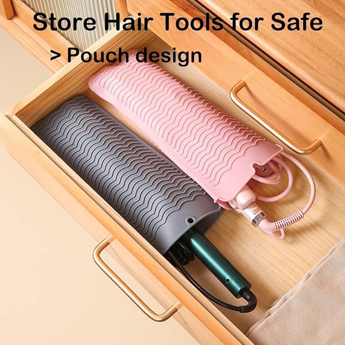 2 Pcs Professional Silicone Heat Resistant Mat Pouch for Curling Iron, Flat Iron and Other Hot Tools, Portable Travel Mat and Cover for Hair Styling Tools with Hanging Hole (2PCS Grey)