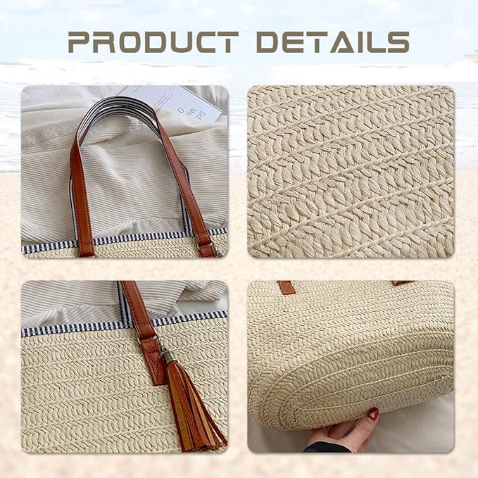 Pahajim Straw Beach Bags Tote Tassels Bag Hobo Summer Handwoven Shoulder Bags - Image 3