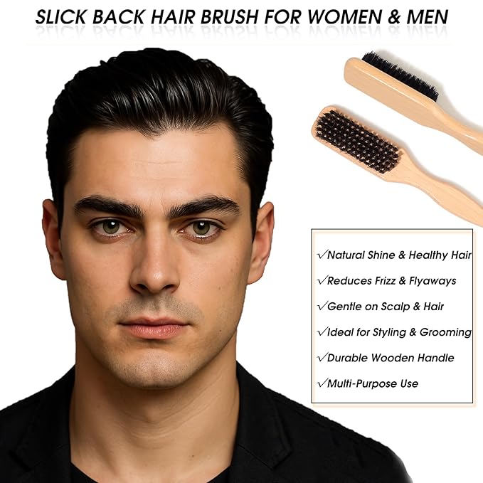 Boar Bristle Slick Back Hair Brush & Wax Stick Set for Smooth Flyaways, Frizz, Sleek, Ponytail, Buns & Baby Hairs, Professional Styling Accessories for Women Men Girls & Kids