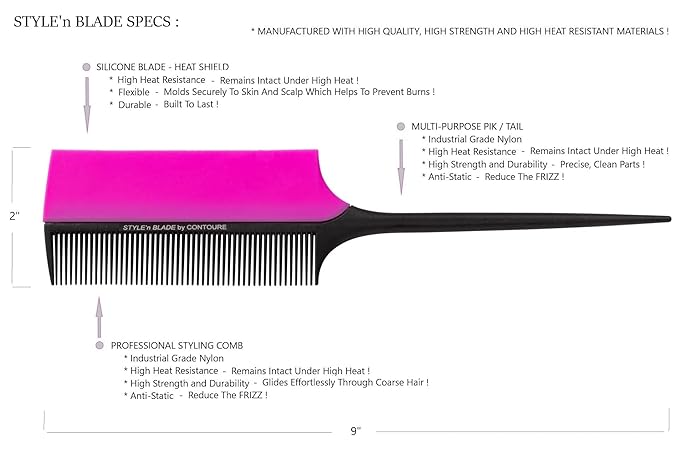 STYLE’nBLADE Professional Hair Styling Comb with Silicone Heat Shield Guard Protection/High Heat Resistance/Reduce Scalp Head Finger Burns from Curling Irons and Hot Hair Appliances