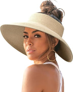 FURTALK Sun Hats for Women Wide Brim Beach Hat Straw Visor Ponytail Summer UV by FURTALK