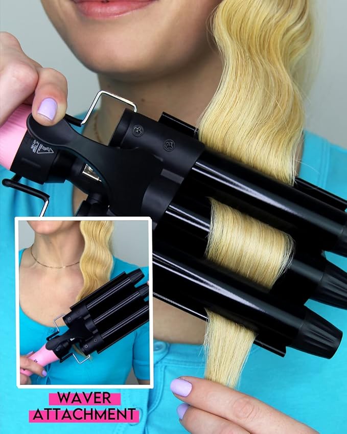 Trademark Beauty Interchangeable Iron Styling Kit - 3 in 1 Curling Iron, Hair Waver, and Curling Wand, Hair Styling Tool, 1.25 Inch Barrels, Mood - Pink/Black