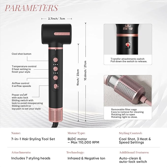 7 in 1 Professional Hair Styling Tool – Hot Air Brush Set, Multi-Styler and Blow Dryer Brush Straightening and Curling, Ionic & Infrared Tech, Cool Shot, 3 Heat & Speed Settings, Includes Travel Bag