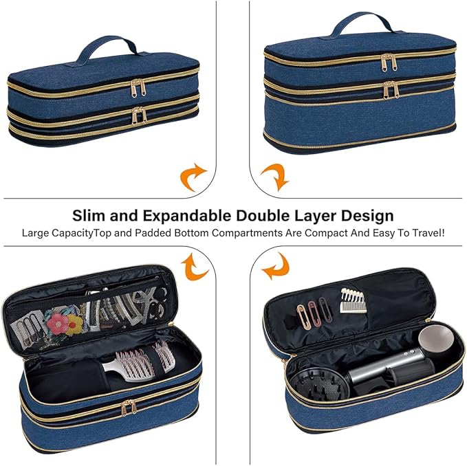 Hair Dryer Travel Carrying Case, Curling Iron Storage Bag, Slim Expandable Handheld Dual-Layer Travel Storage Bag for Dryer/Hair Tool Organizer/Style Organizer