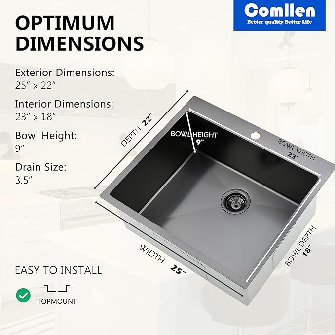 Comllen 25 x 22 Inch Drop In Black Kitchen Sink, Topmount 16 Gauge Stainless - Image 5