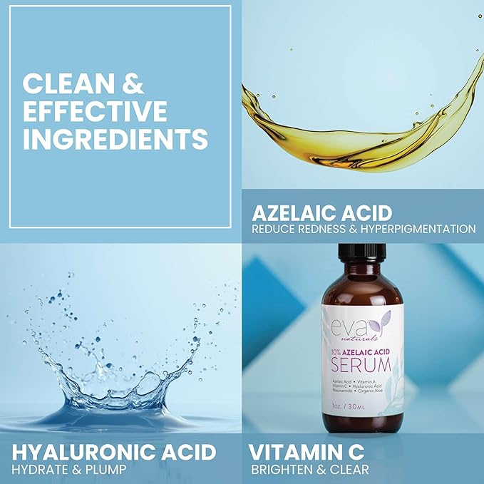 Eva Naturals Azelaic Acid Skincare Serum for Face – Facial Treatment with Niacinamide & Hyaluronic Acid Formula for Redness Soothing, Acne Breakouts, Uneven Skin Texture, Fragrance Free (1 Fl Oz)