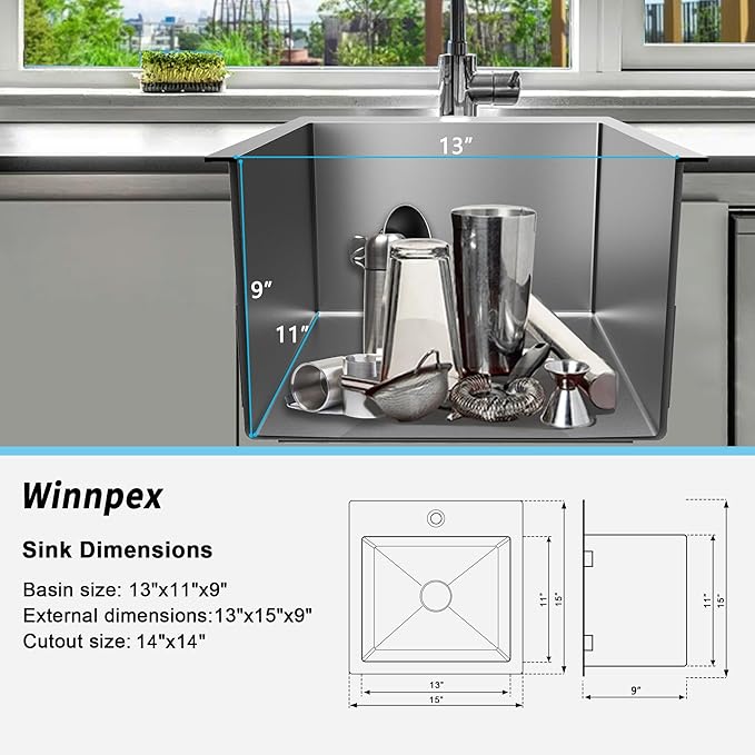 15x15 inch Drop in Bar Sink, 15 inch Small Kitchen Sink Topmount 18 Gauge - Image 6