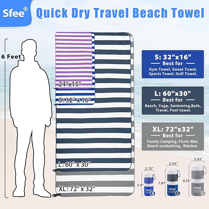 Sfee 2 in 1 Microfiber Oversized Beach Towel, Quick Dry Towel Travel Camping - Image 7