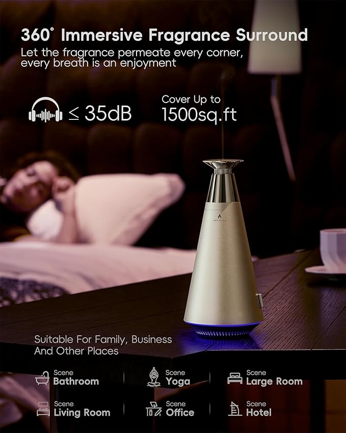 Waterless Scent Diffuser Starter Kit - 1500 Sq Ft Coverage, Alloy Atomization System,Mood Light,Smart Rechargeable Hotel Scent Diffuser, Including 120ml Essential Oil, for Home,Large Room,Spa,Silver