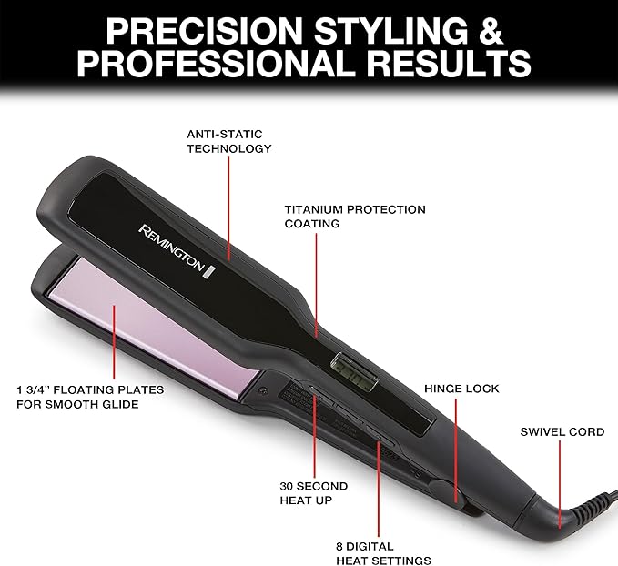 Remington 1 3/4" Flat Iron, Hair Straightener with Anti-Static Technology, 30-Second Heat Up & 60 Minute Auto Shut-off, 30% Longer Ceramic Floating Plates, Titanium + Ceramic Coating