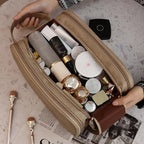 Travel Toiletry Bag for Women PU Leather Triple-layer Double Zipper Toiletry - Image 9