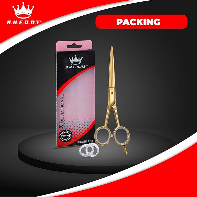 Professional Barber Shears 6” – High Carbon Stainless Steel Hair Cutting Scissors with Razor Sharp Edge for Salon & Home Use by S.H.E.R.R.Y (Gold, 6 inches)