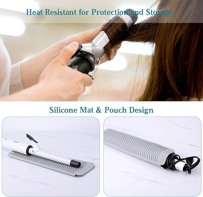 Heat Resistant Mat for Hot Tools, Silicone Curling Iron Mat & Holder for Vanity Top, Portable Flat Iron Mat & Sleeve Travel Case Organizer Container Styling Station