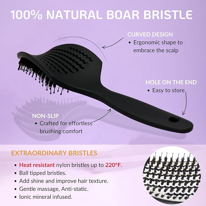 Curved Vented for Blow Drying - Boar Bristle Brush (Large) with Comfortable Handle - Soft Bristle Brush for Thick and Fine Hair - Natural Boar Bristles for Women, Men & Kids - White