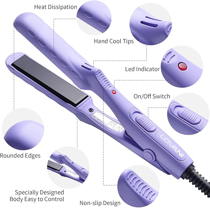 LOVANI Dual Voltage Travel Straightener, Tourmaline Ceramic Small Straightener for Short Hair and Bangs, Portable with Insulated Bag (Purple)