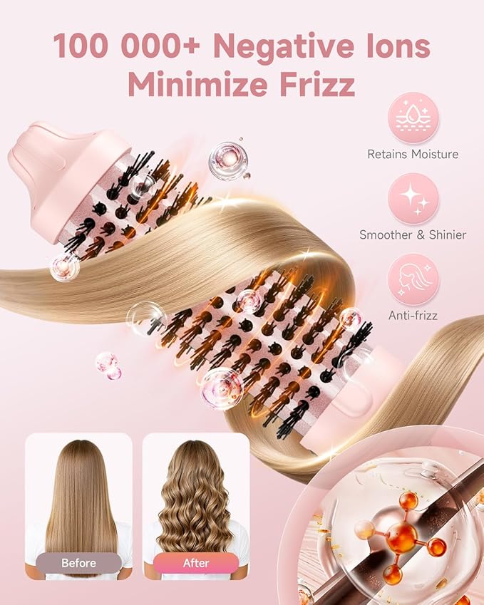 Thermal Brush, FLYZEMAA 1.5 Inch Heated Round Brush for Long Dry Hair, Heated Brushes Straightener with 3 Temp Settings, Blowout Brushes for Curling & Volumizing, Anti-Scald Nylon Bristles(Pink)