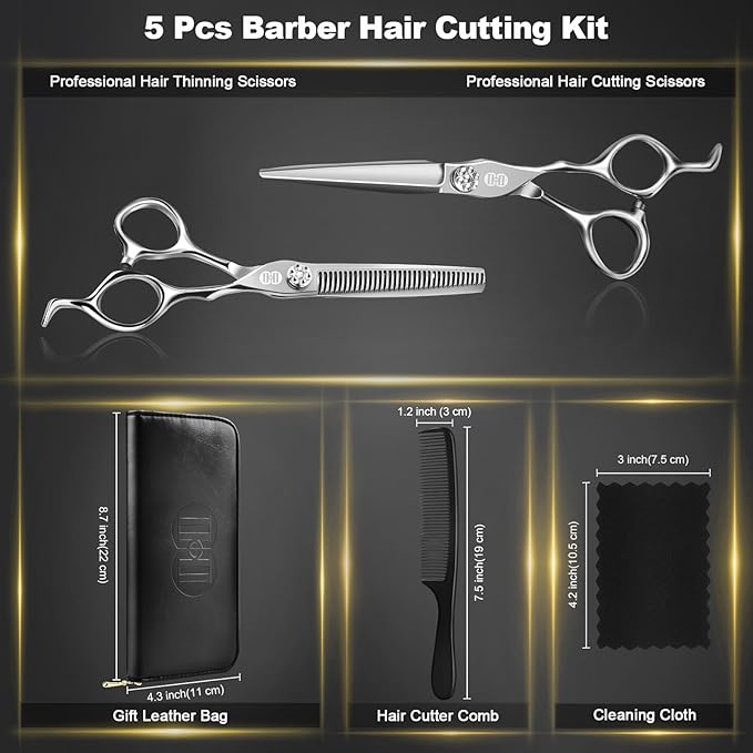 CIICII Professional Hair Cutting Scissors Shears Kit, 440C 7 Inch Barber Haircut Scissors Set (Hair Beard Trimming Haircutting Thinning Shears) for Hairdressing Stylist Hairdresser Salon Home