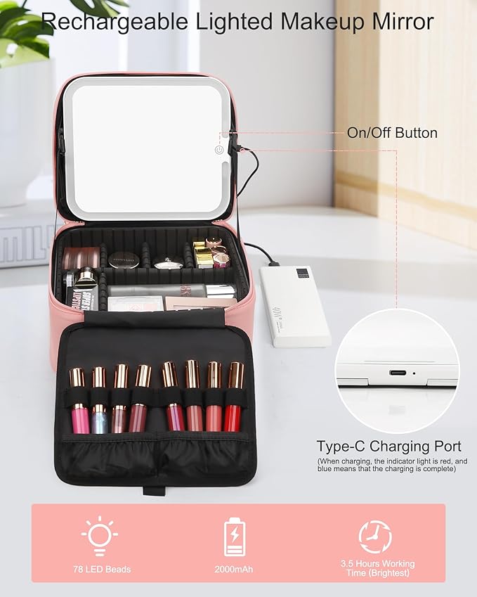 Relavel Makeup Bag with LED Mirror, Travel Makeup Case with Rechargeable - Image 5