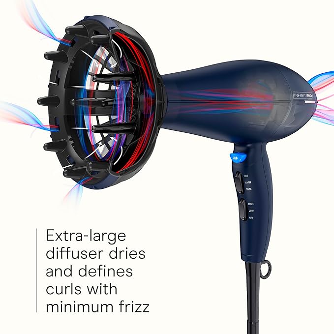 INFINITI PRO CONAIR Hair Dryer with Innovative Diffuser, Enhances Curls and Waves While Reducing Frizz, Dark Blue