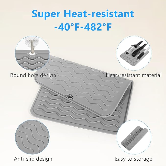 Quccefods Heat Resistant Mat Oversize Curling Iron Mat Silicone Hot Hair Tools Mat for Hair Straightener,Flat Irons,Hair Styling Tools Countertop protection Portable Travel Mat 14.2" x 11"