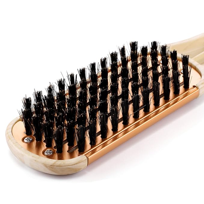 Aethland Boar Bristle Clamp Hair Brush, Double Sided Brush Clamp Straightener Hair Straightening Comb Styling Tools for Thick Coarse Hair- Smoothing and Straight Hair Styles（Golden ）
