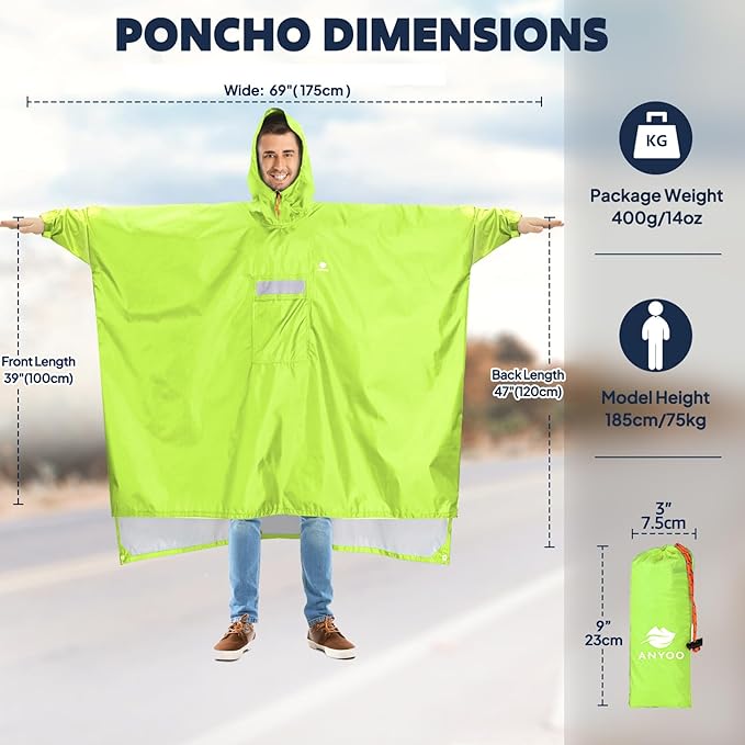 ANYOO Hooded Rain Poncho for Adults Waterproof Lightweight Rain Coat for Men - Image 2