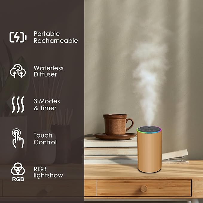Waterless Essential Oil Diffuser, Battery Powered Mini Scent Air Machine, Aromatherapy Mist Diffuser for Home Room Car Office (Gold)