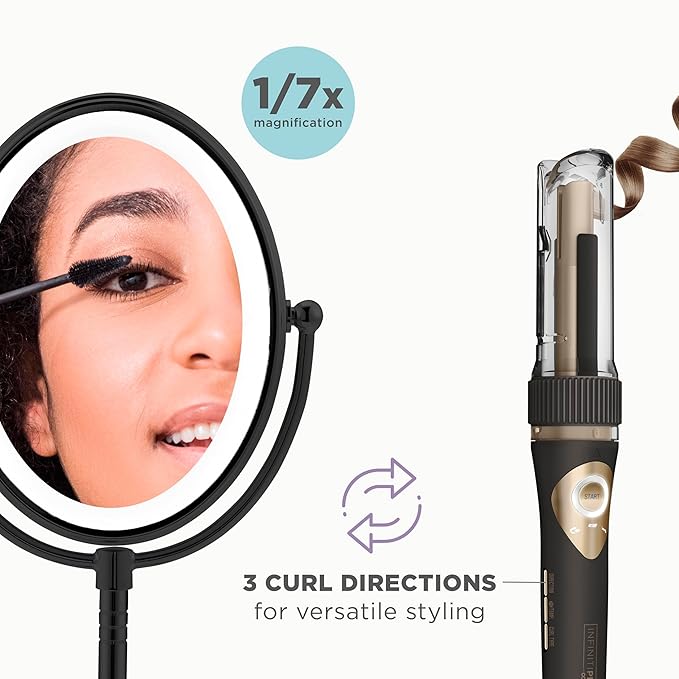 Conair Limited Edition Bundle | INFINITIPRO by CONAIR Curl Secret Automatic Curling Iron in 3/4-inch Barrel - and - Conair Lighted Makeup Mirror | Black | Amazon Exclusive