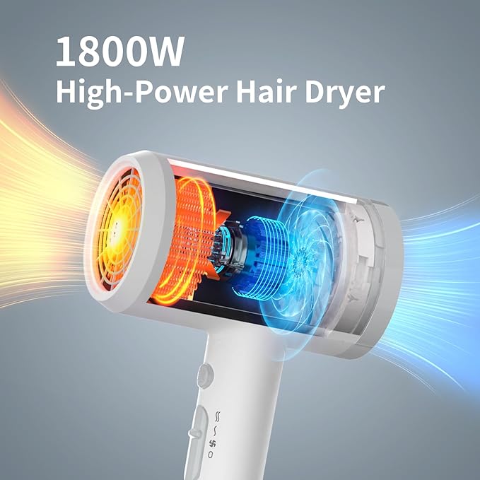 Hair Dryer with Diffuser for Curly Hair, 1800W Ionic Blow Dryer for Women & Men, Fast-Drying, Lightweight, Low Noise, Hair Care Styling Tool for Home, Travel