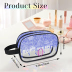 Personalized Name Clear Makeup Bag, Custom Women Transparent Cosmetic Travel Toiletry Bag Pouch Organizer for Vacation Weekend, Bright Blue Curtain Glittery