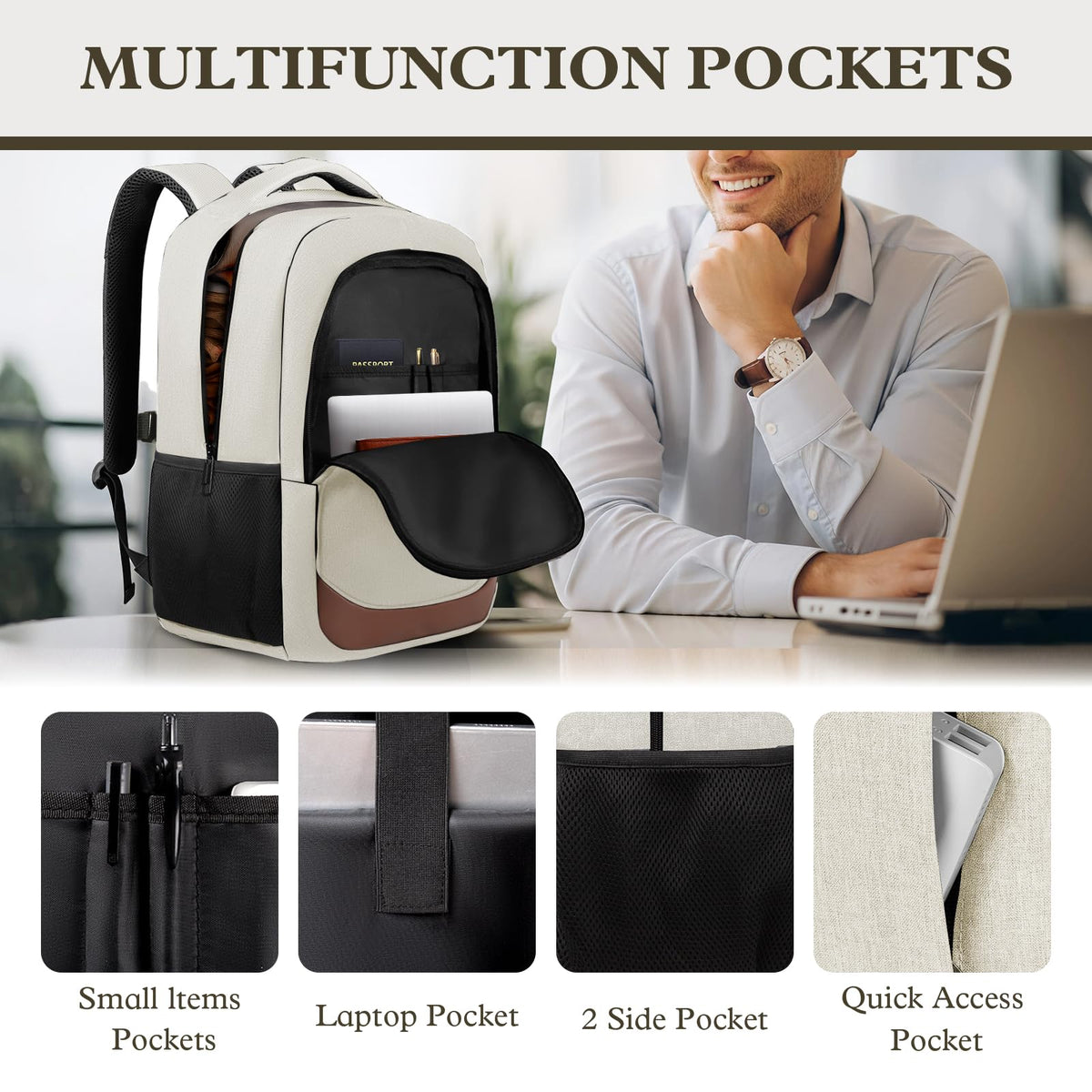 Travel Laptop Backpack 17 Inch (White Brown / 17.3 Inch(40L))