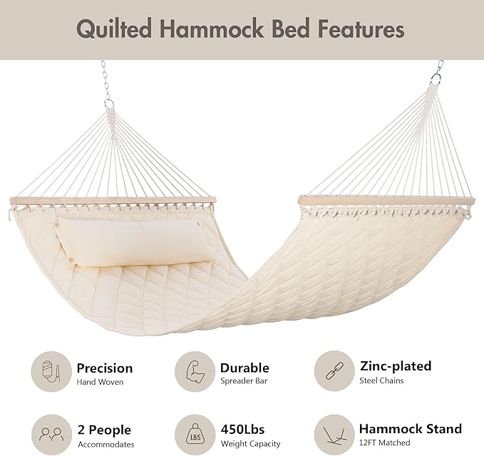 ANOW Two Person Hammock with Spreader Bars and Detachable Pillow, Heavy Duty - Image 3