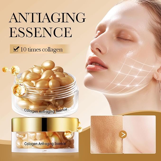 Collagen Capsules Serum, Nourishing Anti Aging Night Essence for Women with Vitamin E,Facial Skin Glowing and Radient, Facial Capsule with Collagen Serum